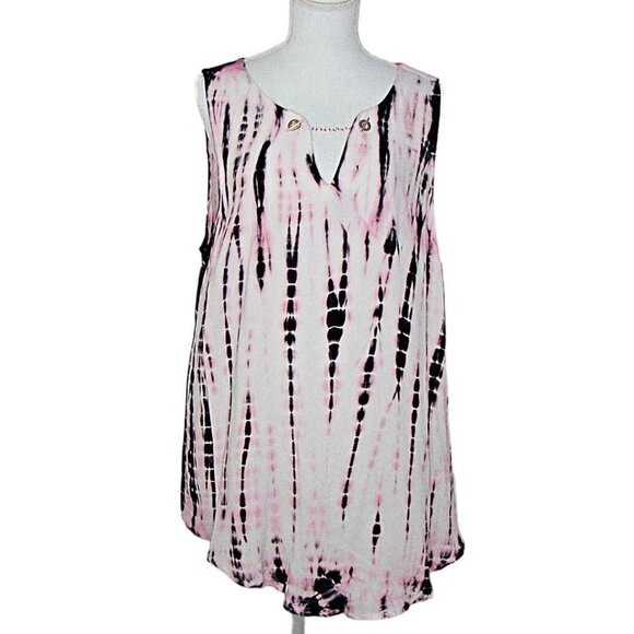 Torrid Sleeveless Flowy Blouse Top Sz 1 Pink Black Tie Dye Key Hole Gold Jewels - Picture 1 of 12